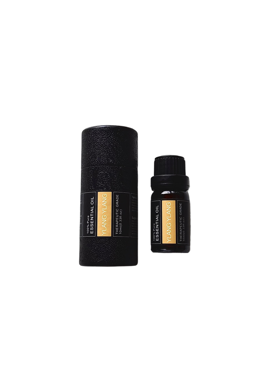 'Ylang Ylang' essential oil bottle and packaging on a transparent background