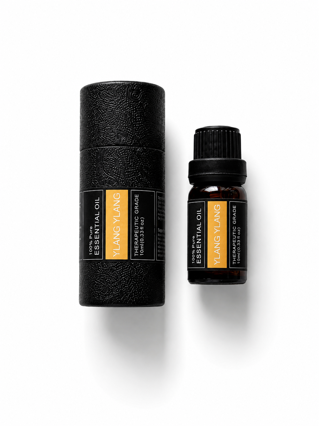 'Ylang Ylang' essential oil bottle and packaging on a transparent background